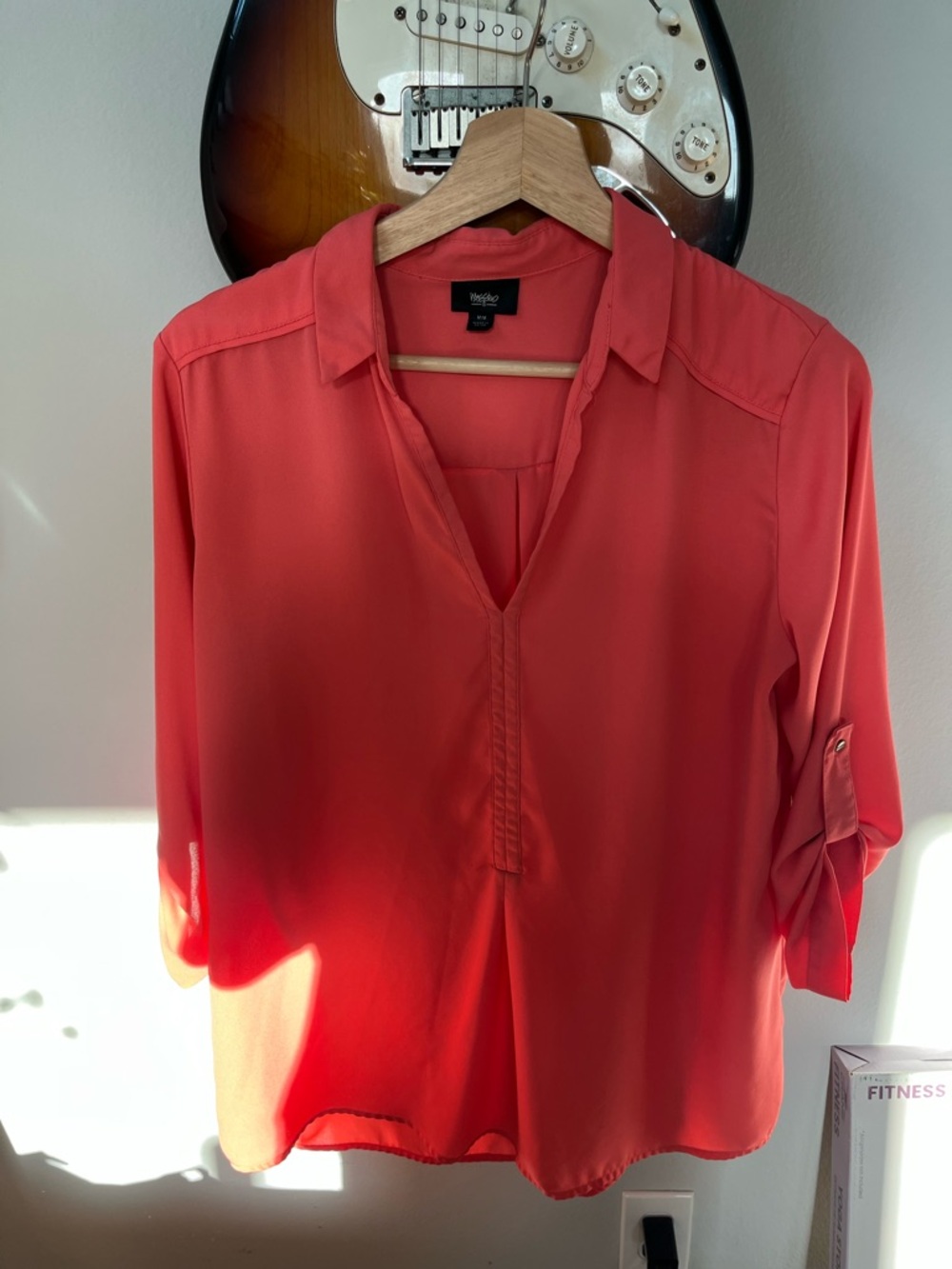 Massimo Coral Split-Neck Roll-Tab Blouse